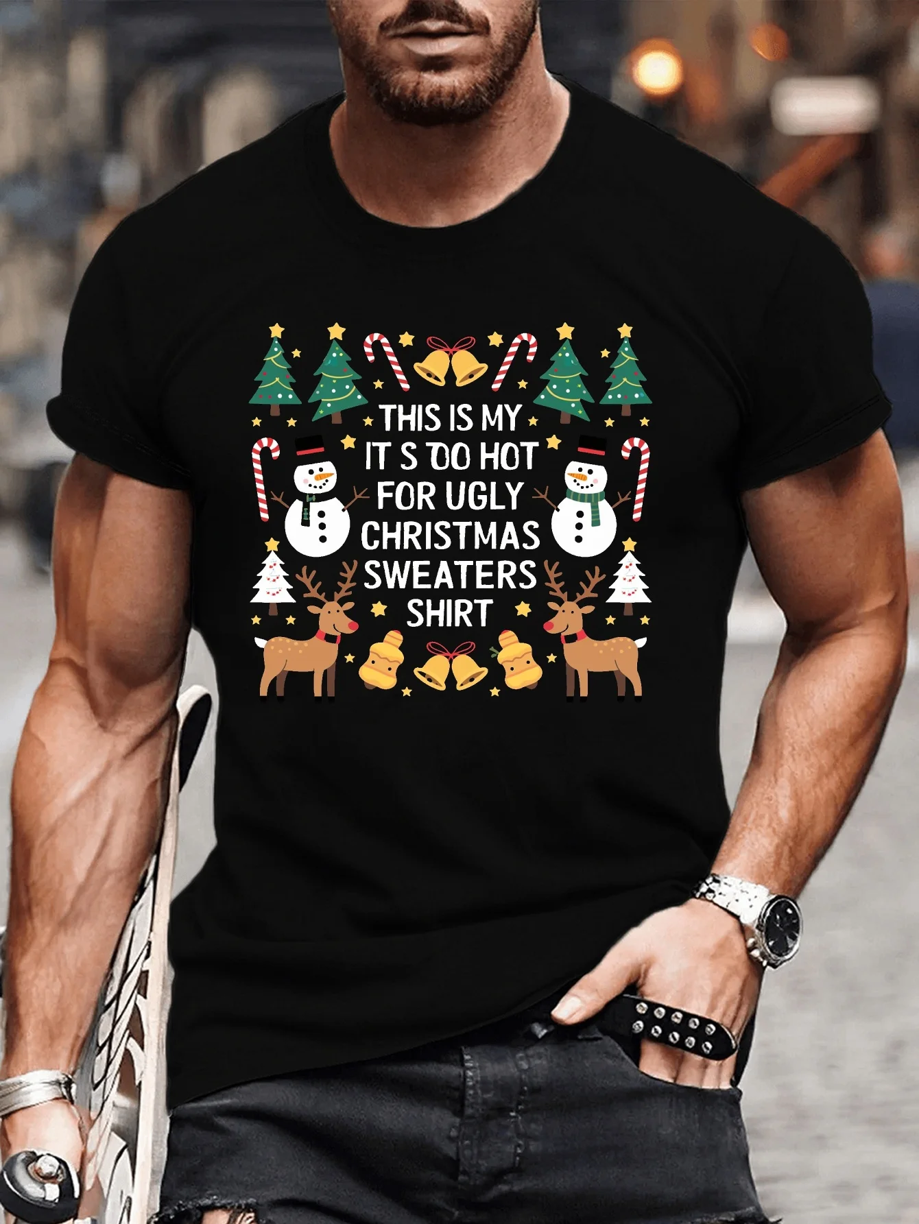 Plus-Size Men's Summer T-Shirt - Christmas Pattern, Casual Short Sleeves, Breathable Fabric, Machine Washable