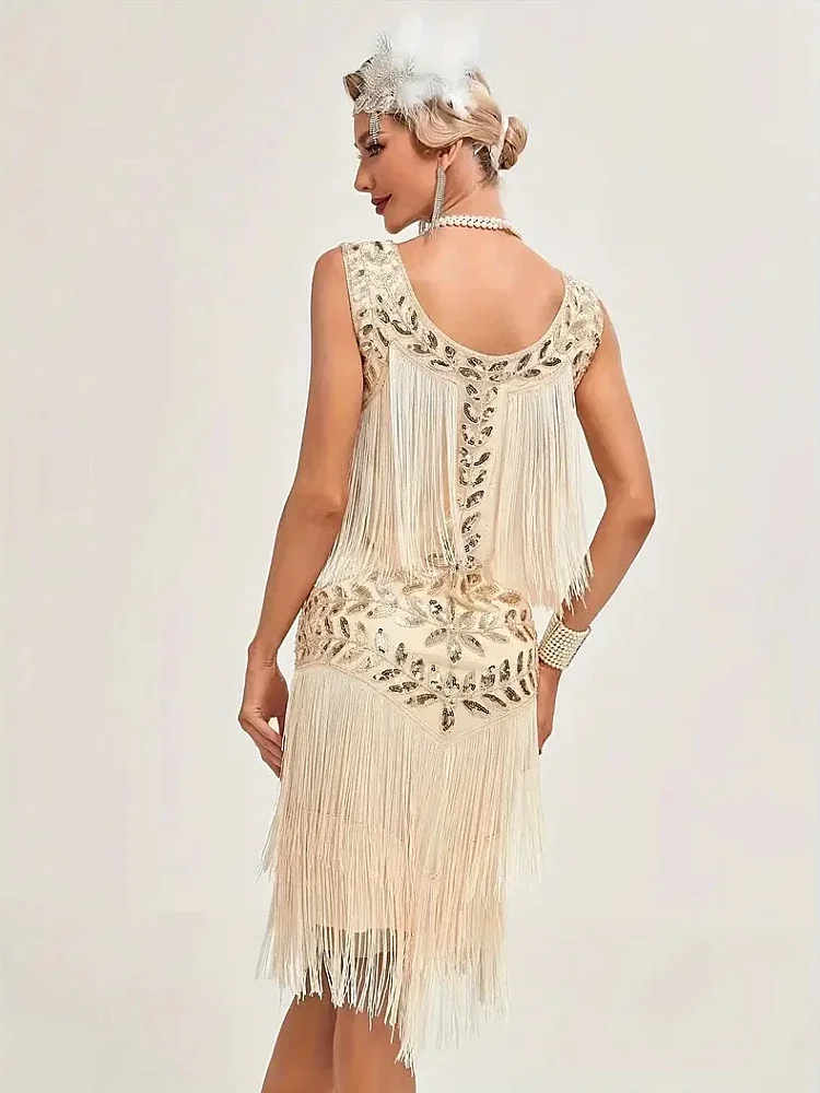 فستان مطرز بالترتر 20s لحفلات الكوكتيل بدون أكمام فساتين فلابر رقبة سكوب فساتين غاتسبي العظيم مهدب