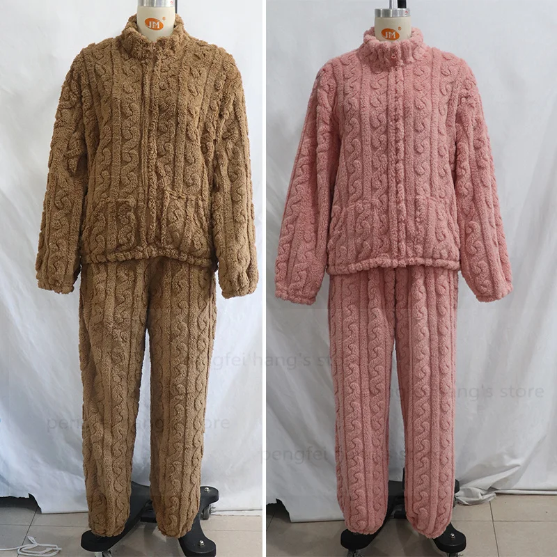 

Thick Coral Fleece Pajamas Suit Women Long Sleeve Zip Top Pants Winter Autumn Warm Sleepwear Nightwear with Pocket Pjs