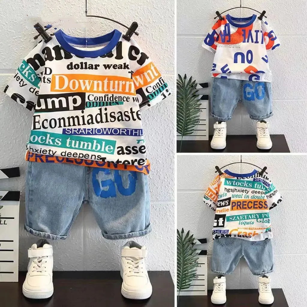 Children's Summer Set 2025 New Baby Boys Korean Edition Short sleeved T-shirt Deinm Shorts Two piece Set