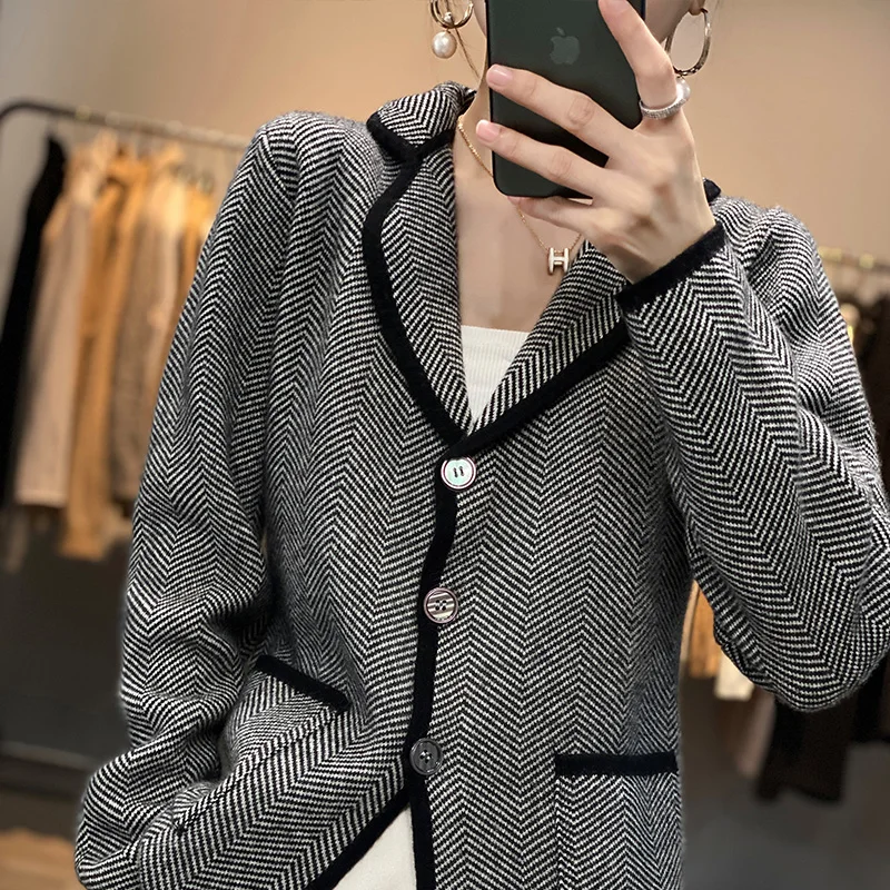 Autumn Winter Women Pure Cashmere Wool Suit Coat Sweater Casual Knitted Tailored Collar Cardigan Thickening Outwear Soft Jacket