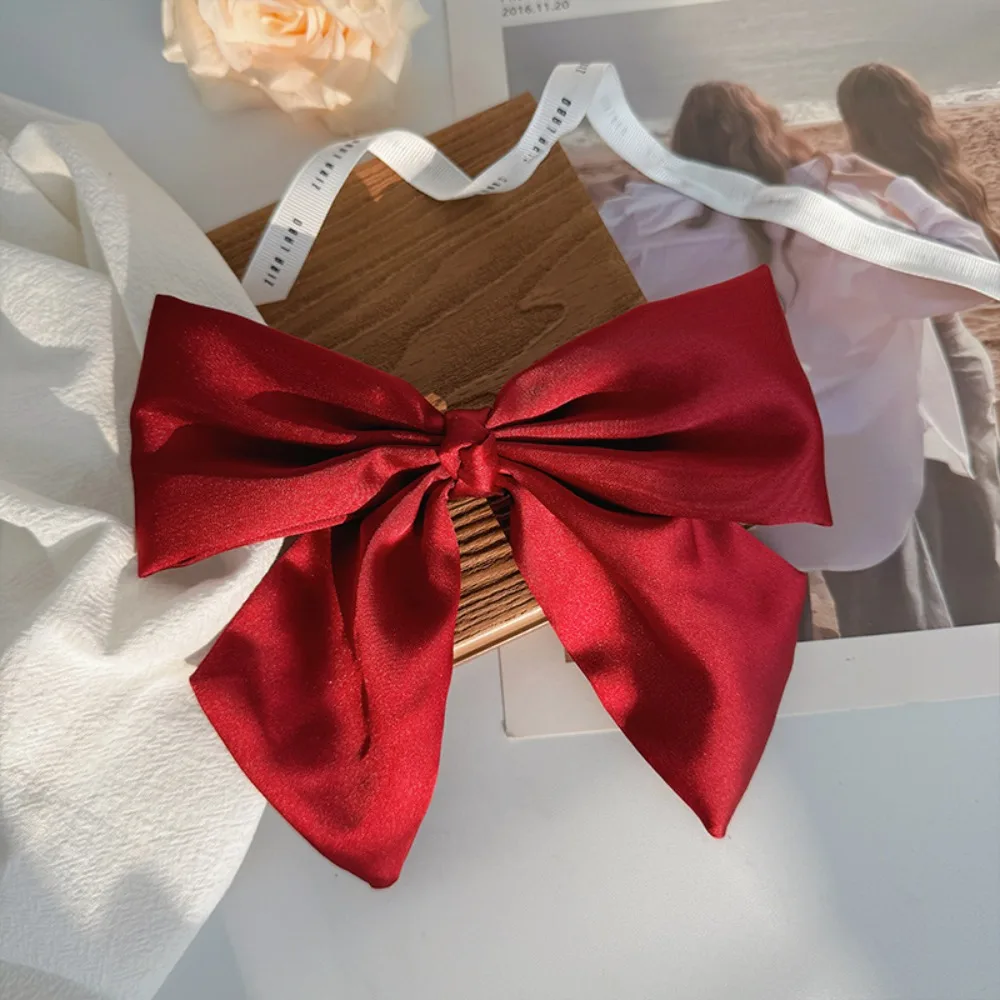 Temperament Big Bow Hairpin Cloth Satin Solid Color Spring Clip Ponytail Clips Female