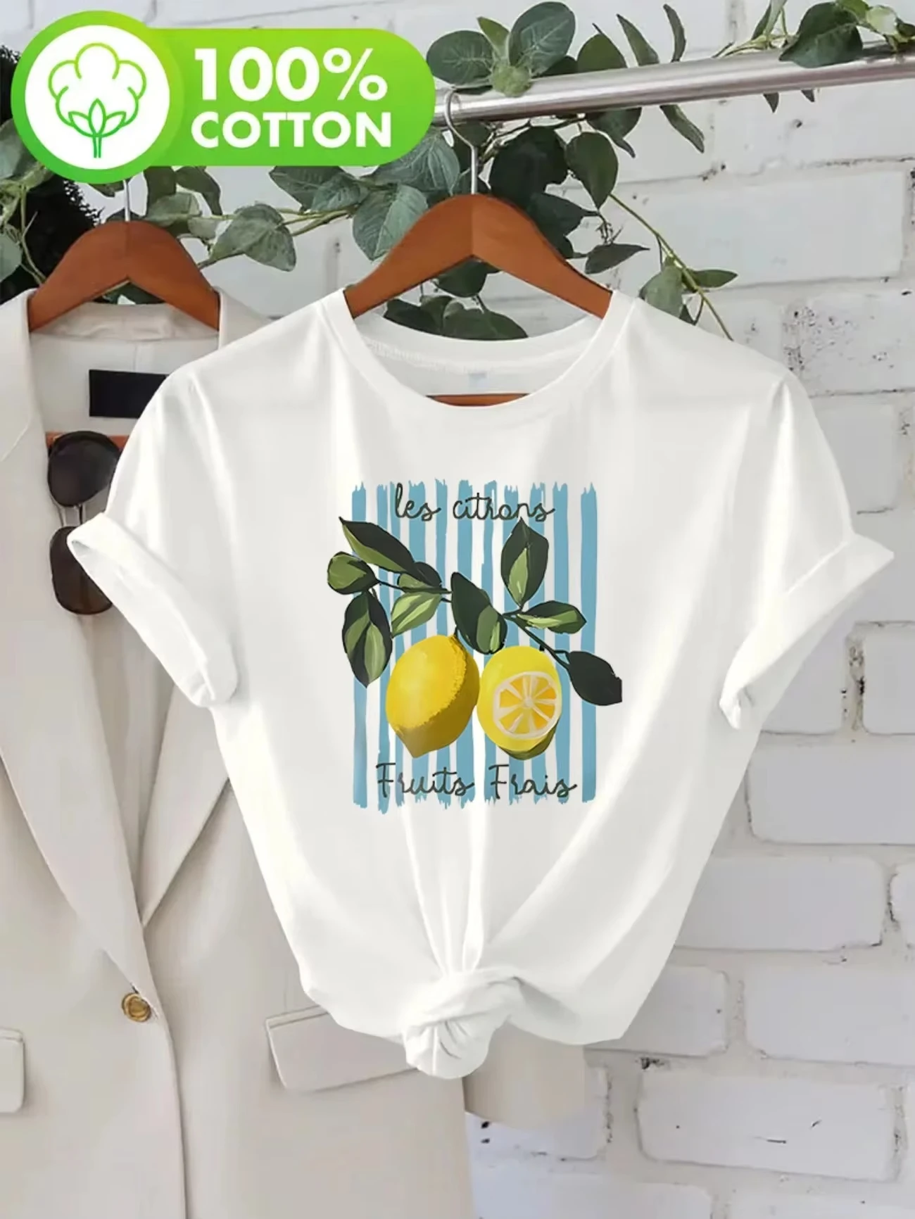 Graphic Cartoon Lemon 100% Cotton Women's Retro Print T-Shirt Loose Fashion Crew Neck Short Sleeve Top Vintage Tee Shirt