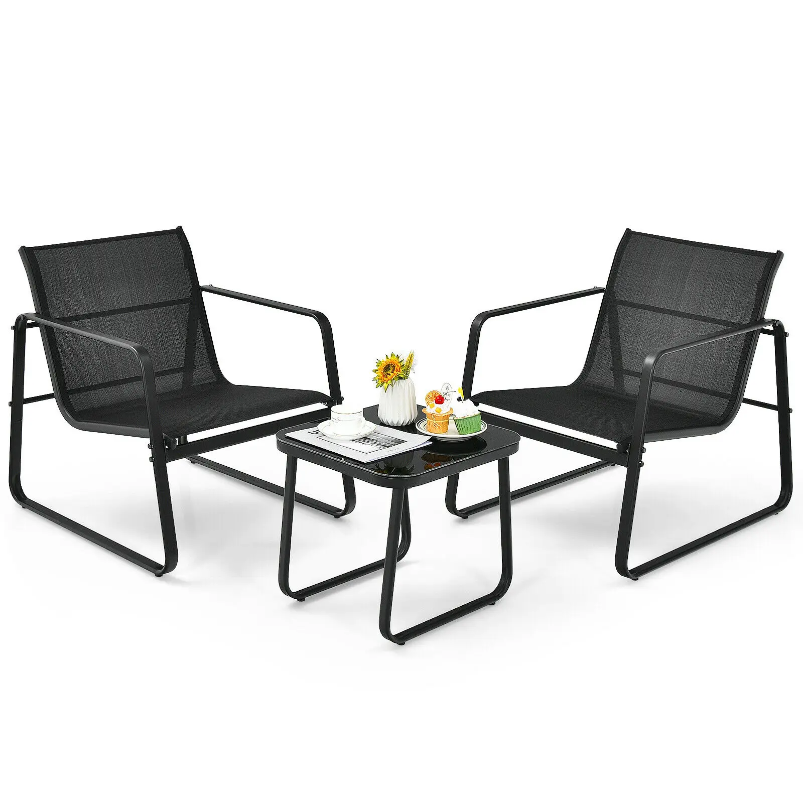 Patiojoy 3PCS Patio Bistro Furniture Set Glass Top Table Garden Deck Black