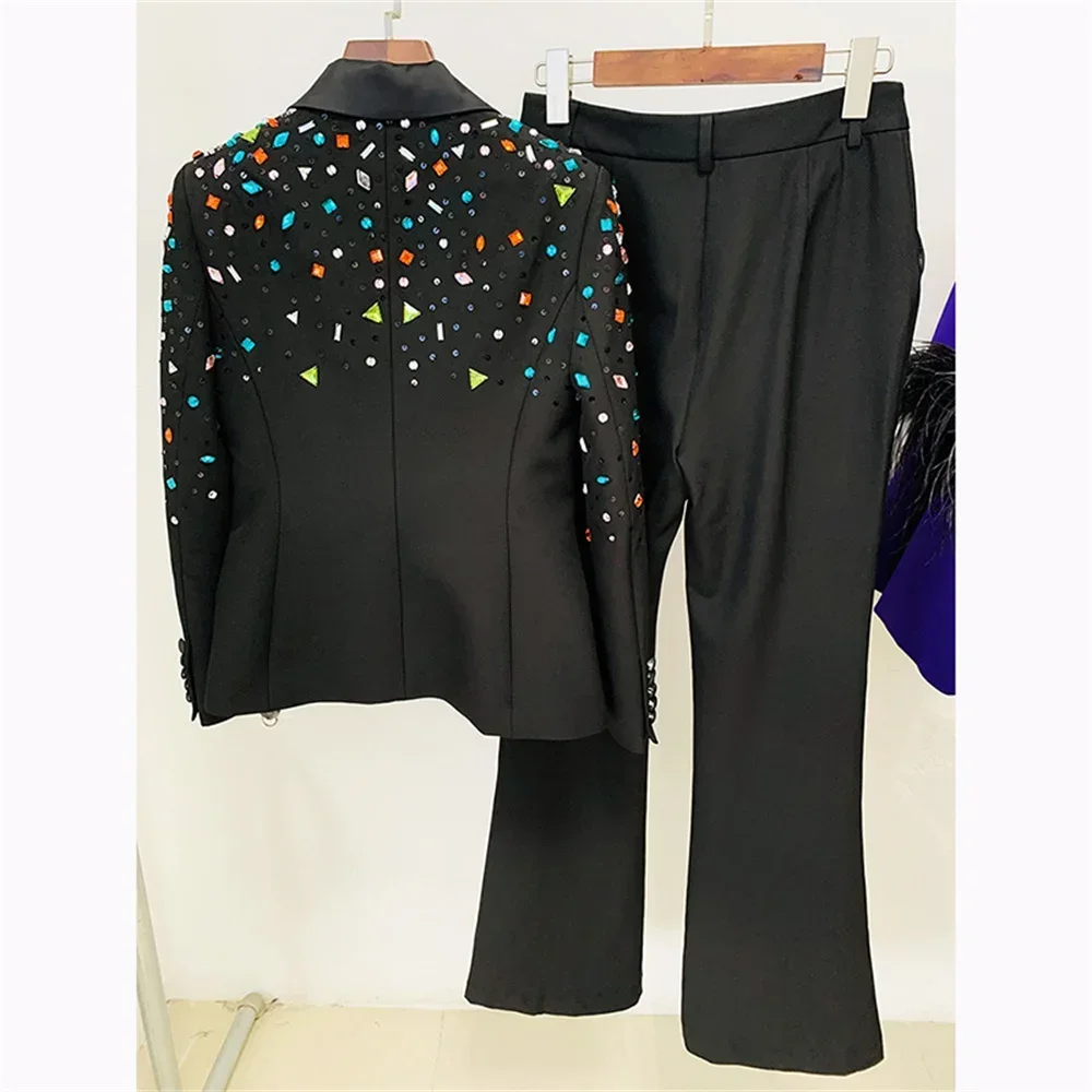 Luxury Set Woman 2 Pieces Newest 2023 Diamonds Designer Single Button Blazer Flare Pants Suits Formal Celebrity Party Pant Sets