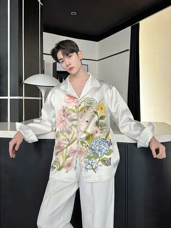 

Spring Summer Men's Long Sve Printed irt Casual Faion Pearl Embellied Flip Collar Polyester Fiber Anti-Wrinkle Youth...