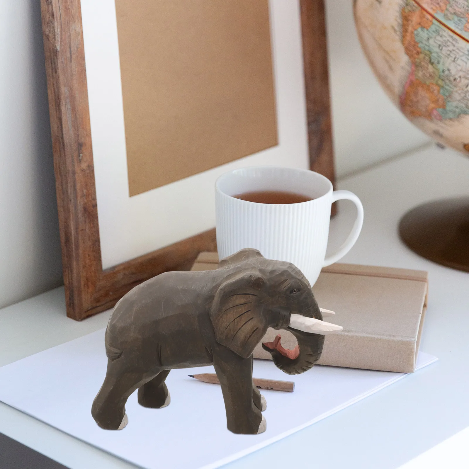 

Wooden Elephant Figurine Statue Decor Hand Carved Natural Wood Animal Craft Miniature Model Home Desktop Ornament Gifts