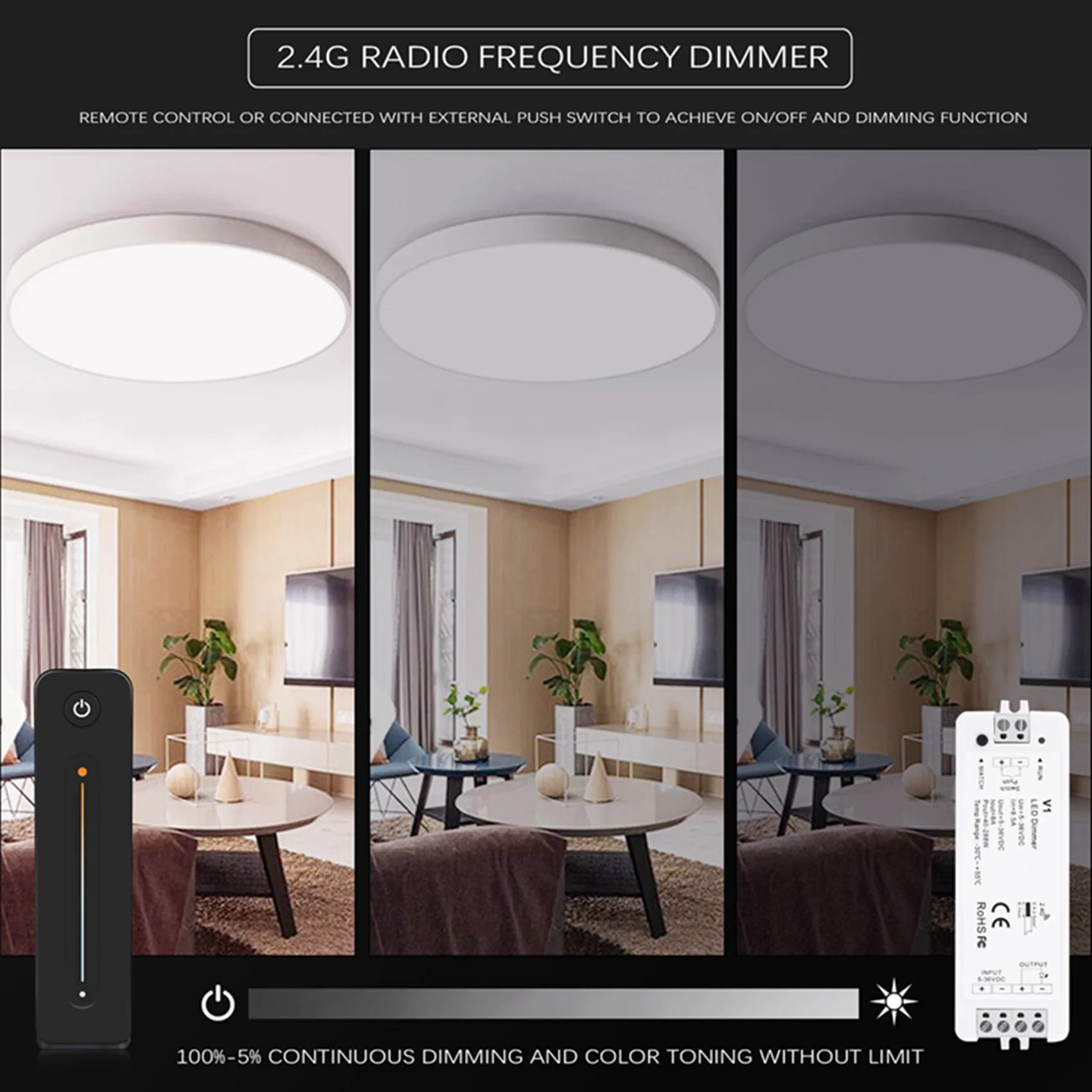 A36T-LED Dimmer 12V 5V 24V 36V 8A PWM Wireless RF Switch With 2.4G Brightness Adjustment Contact Remote For Led Single Color Str