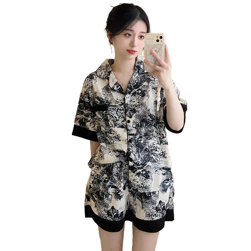 Ink and Wash Painting Women Pajamas Sets Summer China Style Faux Silk Satin Female Sleepwear Classic Elegant Short Housewear