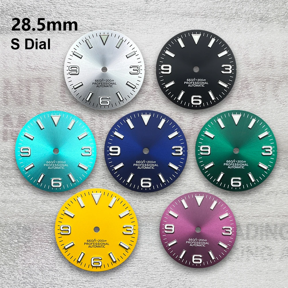 

28.5mm S Logo Ex plorer Sunburst Dial Fit NH35/NH36/4R Movement Green Luminous High Quality Watch Modification Accessories