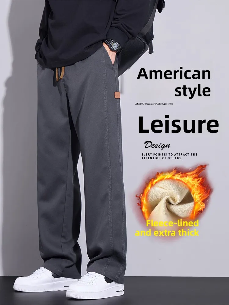 

Thickened Fleece Lined Straight Leg Casual Pants Autumn Winter Warm Stylish American Style Versatile Long Trousers for Men