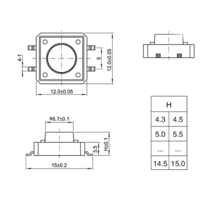 20PCS PCB Tactile Tact Push Button Switch SMD 4Pin Micro Switch 12*12*4.3/5/6/7/8/9/10/11/12mm 12x12x4.3MM 12x12x5MM 12x12x6MM