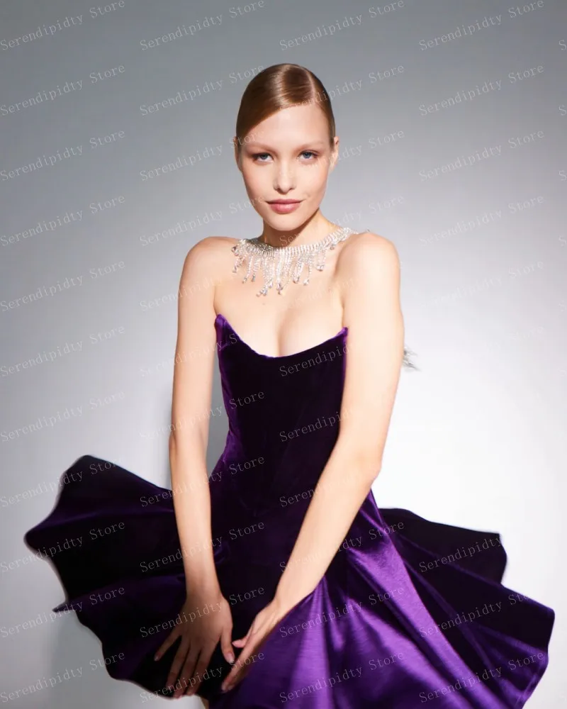 Strapless Purple Velvet Party Dress Ruffled Mini Length Straight Prom Dresses Open Back Custom Made Gown Plus Size Women Clothes