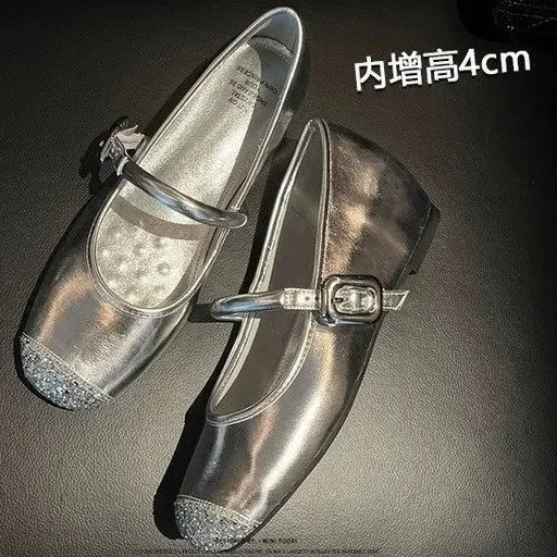 Silver inner height increasing single shoe for women's summer new style spliced round toe flat ballet shoes with a straight stra