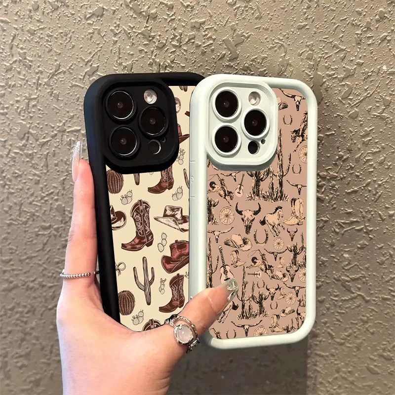 Western Graffiti Brown Silicone Soft Case For iPhone 13 14 Pro Max 11 12 15 16 Plus SE2022 7 8 X XS XR Shockproof Candy Cover