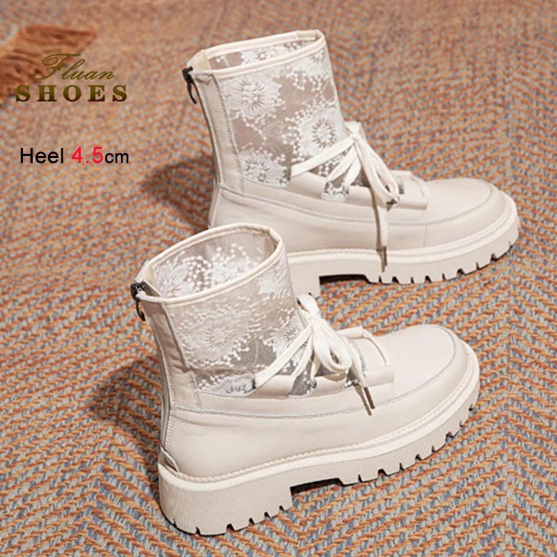 جديد جلد طبيعي شبكة النساء أحذية بوت قصيرة موضة تنفس صافي الأحذية الدانتيل يصل سميكة سوليد حذاء من الجلد الخلفي سستة الخريف الأحذية