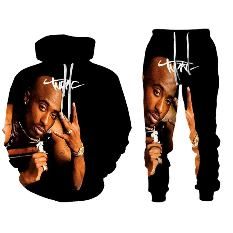 Sudadera con capucha con estampado 3D de Rap Singer 2 PAC Tupac para hombre, traje de Sudadera con capucha, pantalones de chándal casuales, conjunto de chándal de dos piezas, ropa para hombre