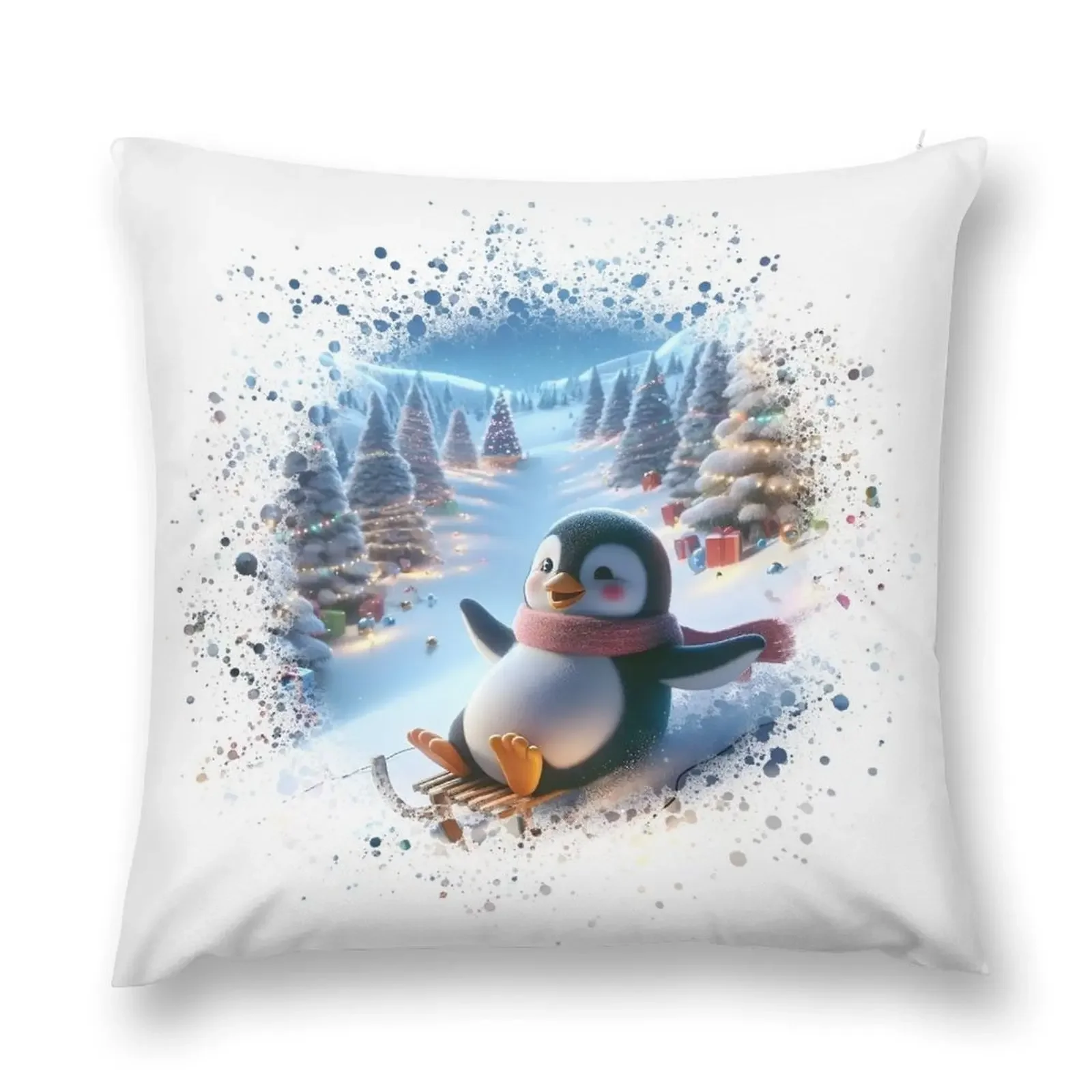 Festive Penguin sledding on a snow-covered hill Throw Pillow Christmas Covers pillow cover luxury Custom Cushion pillow