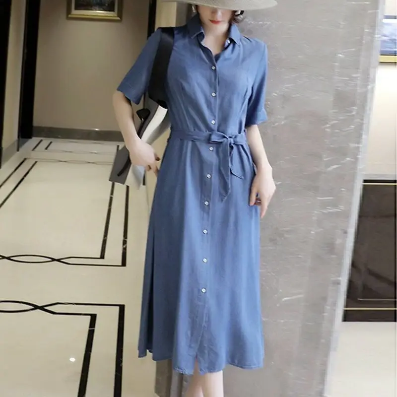 Women Denim Shirts Dress 2024 Spring Summer Elegant Short Sleeve Jean Dresses Casual With Belt Robes Vestidos Largos