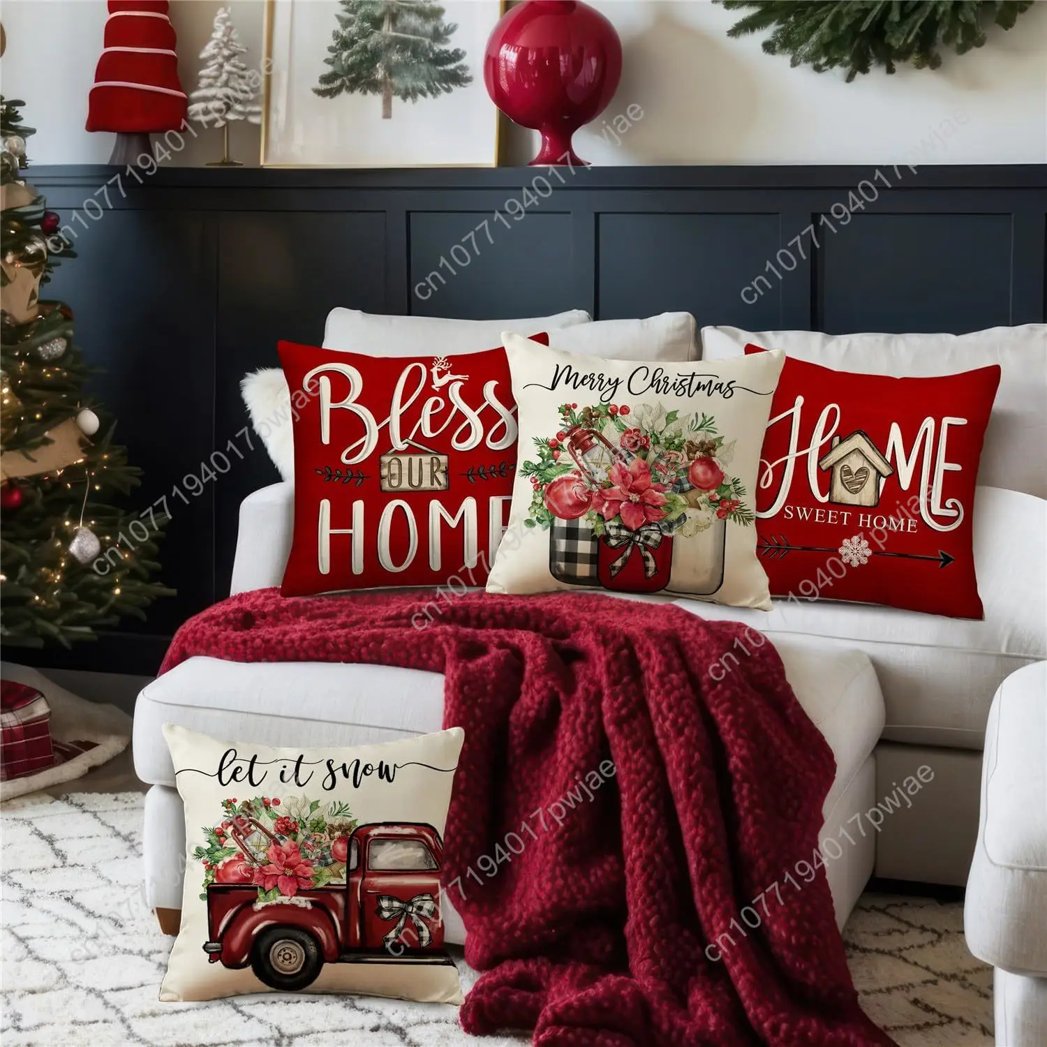 NIGHTWISH Christmas Pillow Covers 18x18 Set of 4 Red Christmas Decorations Let it Snow Truck Throw Pillow Covers Home Sweet Home