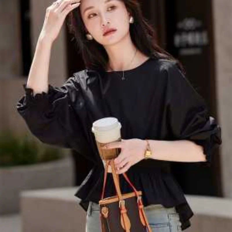 

2025 High-end Round Neck Fashion Loose Slim Long-sleeved Cotton Shirt Women's Spring and Summer Tops