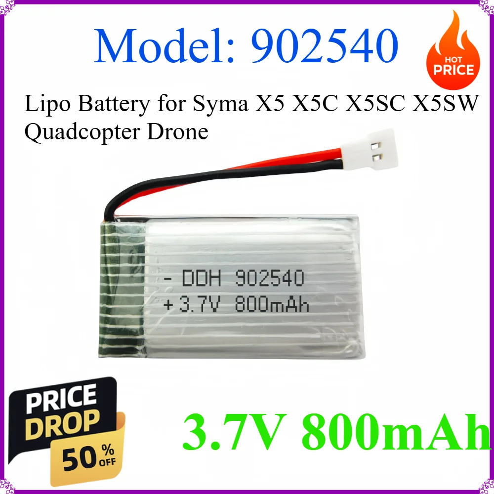 

902540 3.7V 800mAh Lipo Battery for Syma X5 X5C X5SC X5SW TK M68 MJX X705C SG600 RC Quadcopter Drone Spare Part