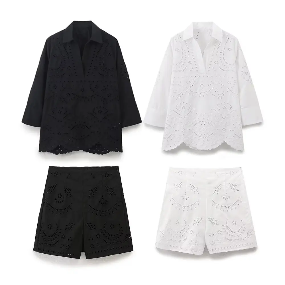 Suit Women's 2 Pieces 2024 New Fashion Openwork Embroidered Shirt Retro Long-sleeved Blouse+casual Shorts Women's Suit