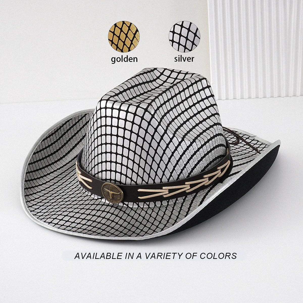 

HongLuan Vintage White Lattice Pattern Cowboy Hat Woman, Cowhide Metal Belt Fascinators Hats Woman, Wide Brim Caps for Man