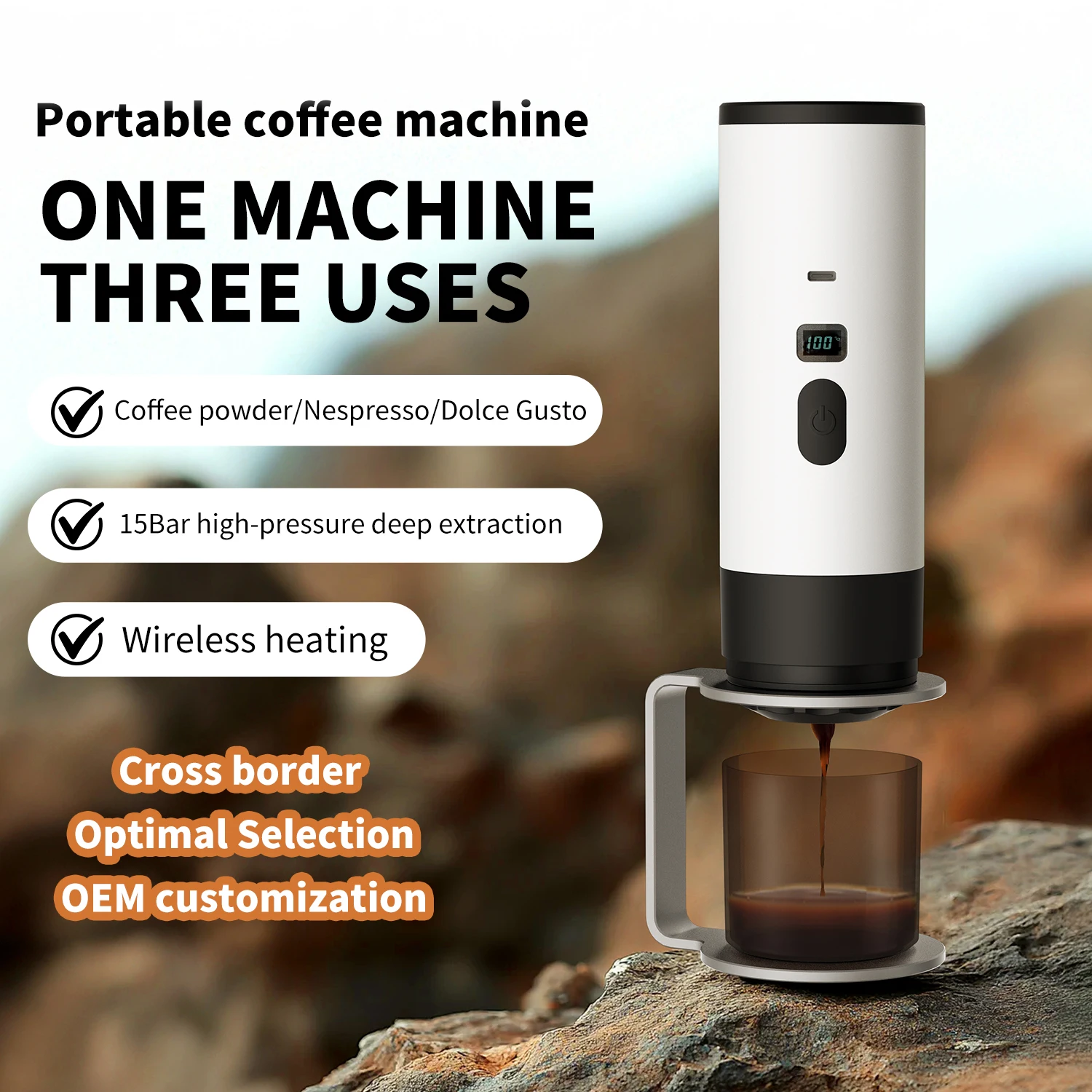 Portable Coffee Machine 7800mAh Wireless,Digital Display Fast Heat,with bracket & protective cover ,for Camping Travel Outdoor