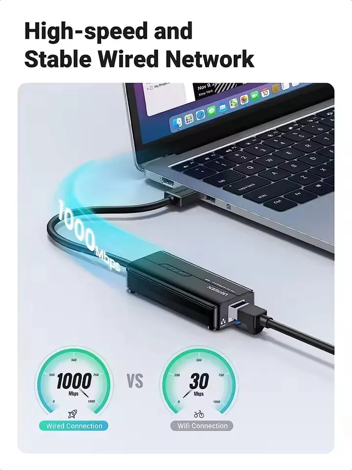 UGREEN USB 3.0 Hub Ethernet Adapter 10 100 1000 Gigabit Network Converter with 3 USB 3.0 Ports Hub
