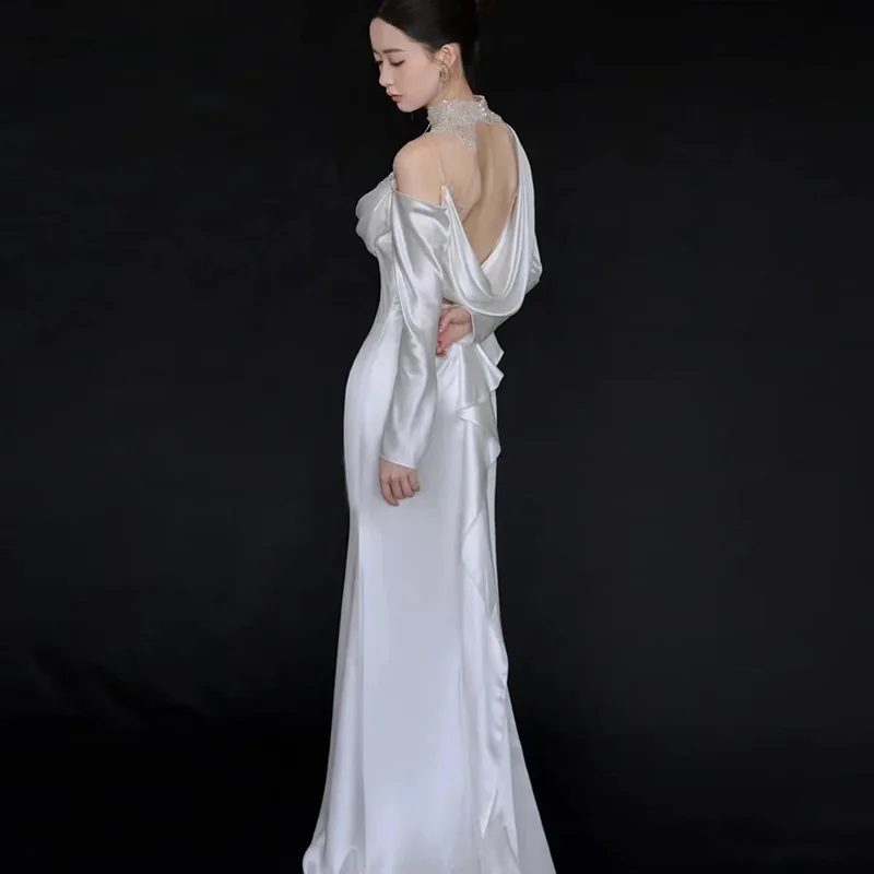 Gorgeous Applique Mermaid Wedding Dresses Illusion High Collar Long Sleeves Elegant Bridal Gown Pleated Women Bride Dress SWD241