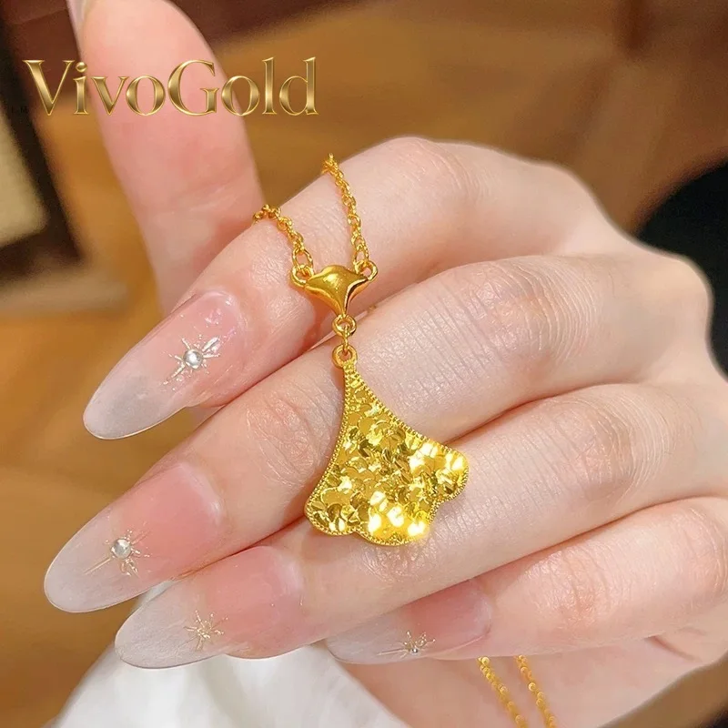 

VivoGoldLuxury 24K 9999 Pure Gold real gold Women's Ice Crushed Ginkgo Leaf Pendant Necklace Small Skirt Clavicle Chain