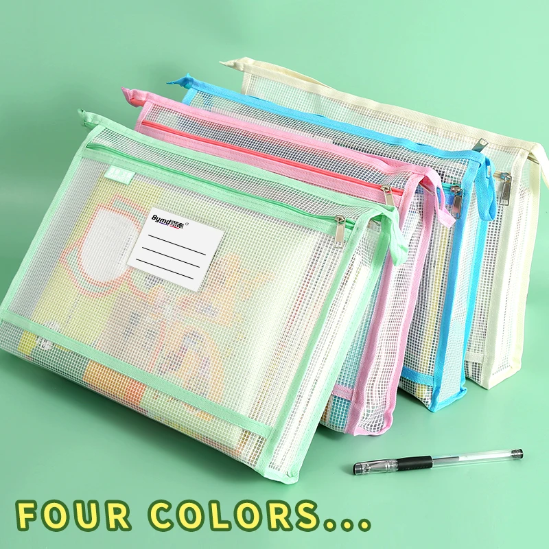 A4 Mesh Zipper Pouch Bags Plastic Zipper Bags Transparent Waterproof for Organization Multipurpose for Travel School Supplies