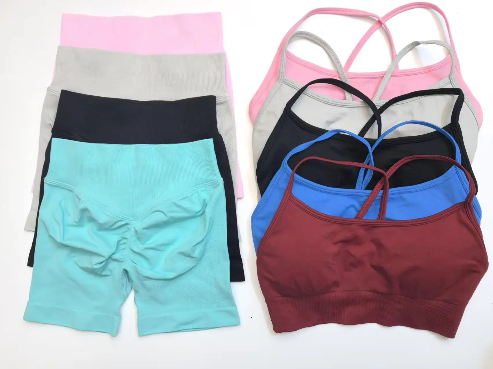 DFCF Women's Two-Piece Yoga Set, Seamless Cross-Back Sports Bra + High-Waisted Tight Yoga Shorts