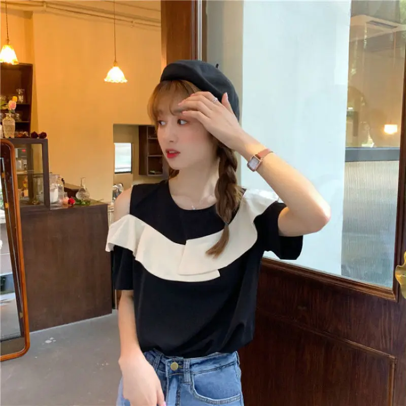 Women Summer French Loose Fashion Ruffles Off Shoulder O-neck Short Sleeve T-Shirt Ladies Casual All-match Appear Thin Top Tee