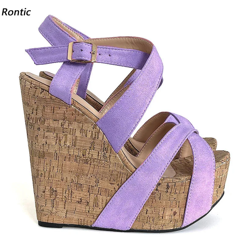 Rontic New Women Summer Platform Sandals Wedges High Heels Round Toe Beautiful Violet Pink Party Shoes Ladies US Plus Size 5-20