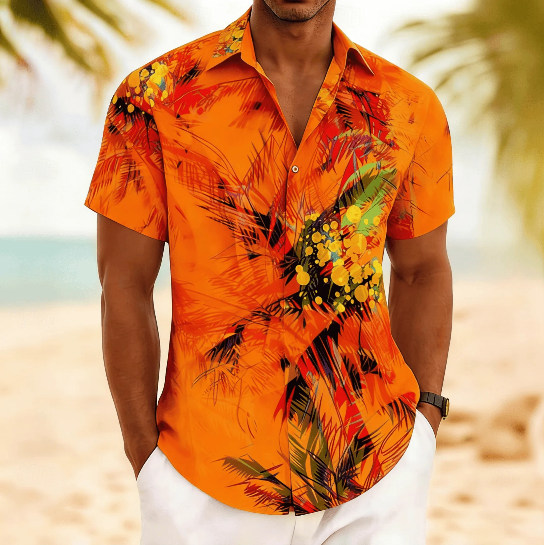 Men's Block Abstract Tropical Leaf Print Short Sleeve Shirt, Spring Summer Artistic Hawaiian Vacation Blouse, Loose Casual Top