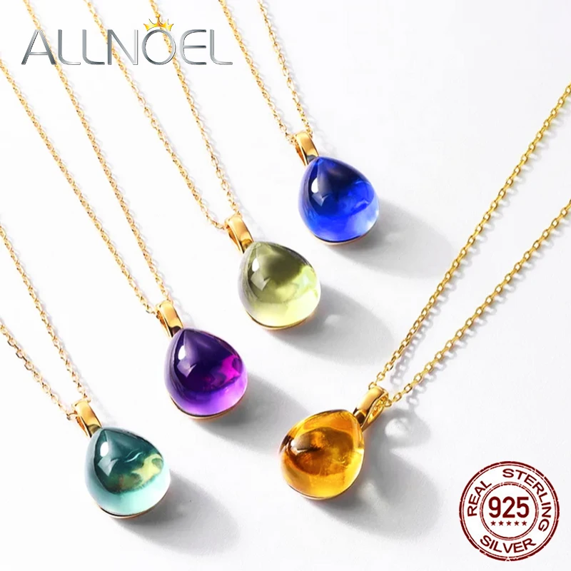 

ALLNOEL 925 Sterling Silver 10K Gold Plated Crystals Color Necklaces Pendant For Women Inlaid Water Drop Pendant new Party Gift