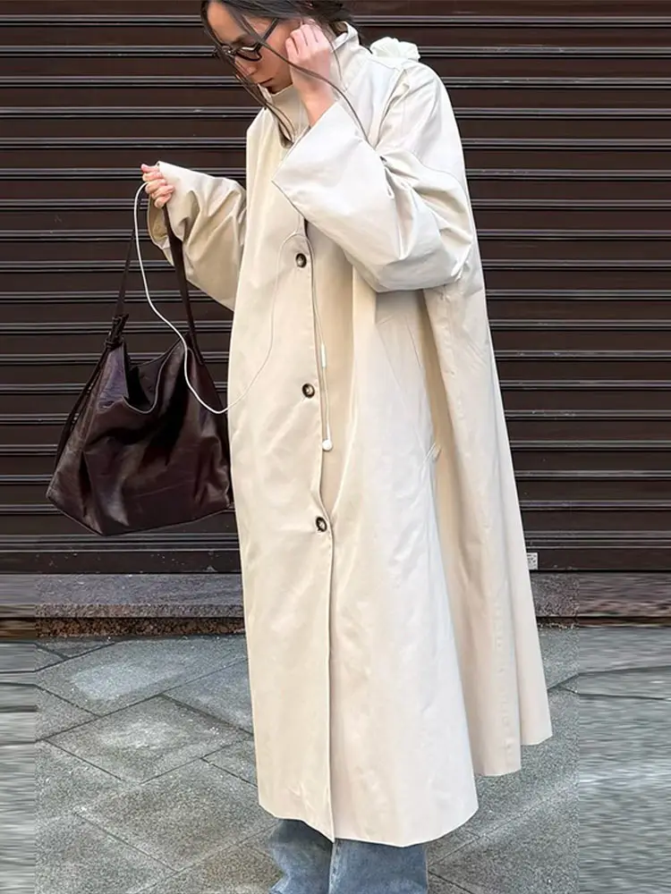 Stand Collar Long Women's Jacket Full Sleeve Loose Single Breasted High Street 2026 Autumn Winter Fashion Casual Windbreaker