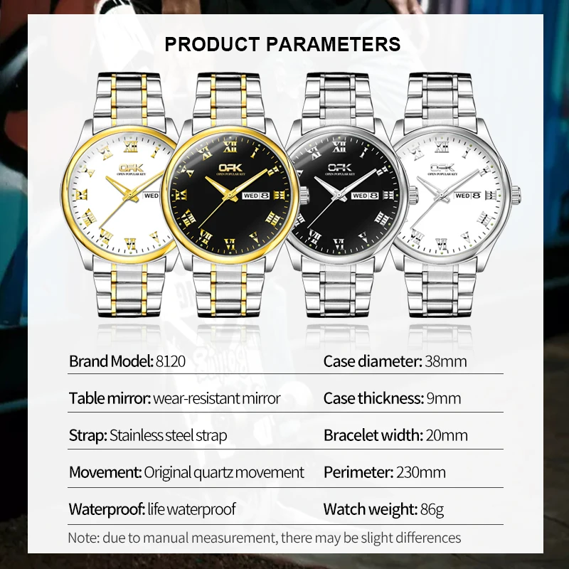 OPK Mens Watch stainless steel quartz watch Dual calendar waterproof luminous luxury brand men's wristwatch