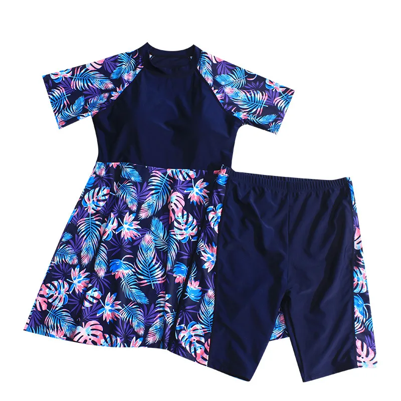 2022 Plus Size Swimsuit Swimdress with Shorts for Women Leaves Print Tummy Contrl Swimwear Skirt Big Bathing Suit Tankini Set