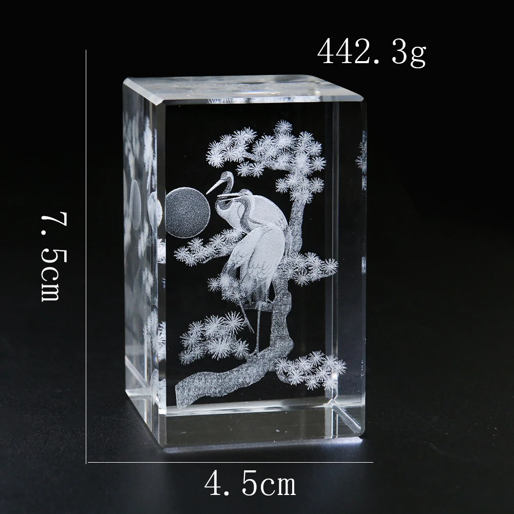 Clear K9 Crystal Laser Carve Matsuru Red-crowned Crane Trees Longevity Lucky Fortune Ornament Figurines Feng Shui Mascot Decor