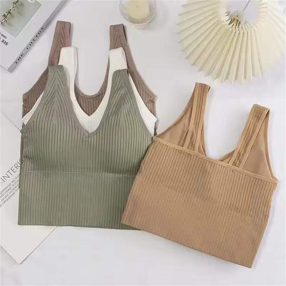 Women Seamless Bra Camisole Underwear Crop Top Free Size Black Khaki Green Vertical Stripe Girl Breathable Sports Fitness Yoga