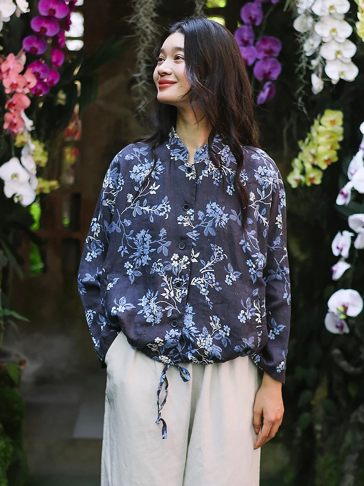 

Blossoming 00 Little Blue Flowers Open Cardigan Jaet Linen up Flower Vine Print Small Stand Collar Bot Dstring ...