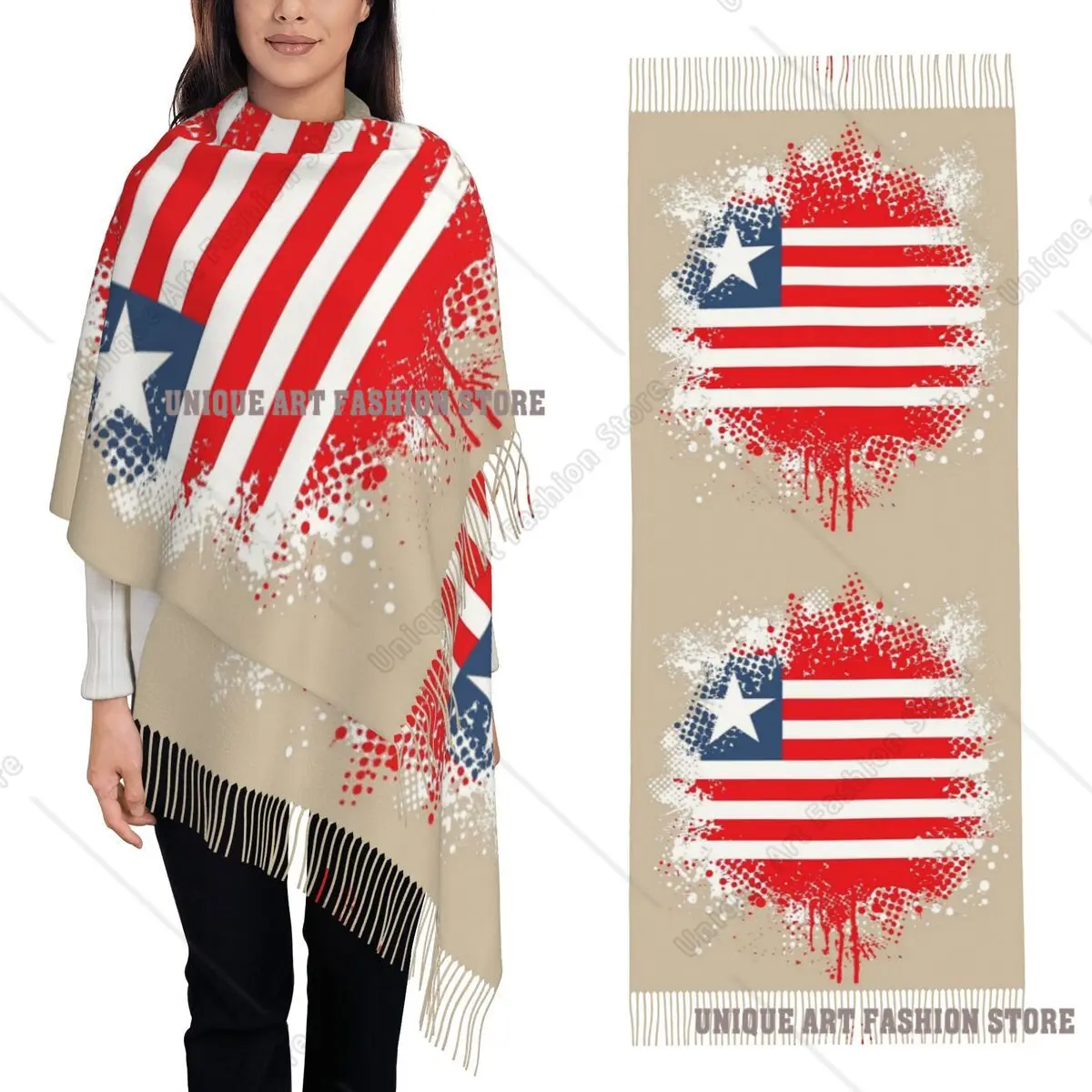 علم ليبيريا سبلات وشاح شرابة الأوشحة النساء شالات دافئة ناعمة ويلتف طويل الخريف الشتاء شال التفاف #1