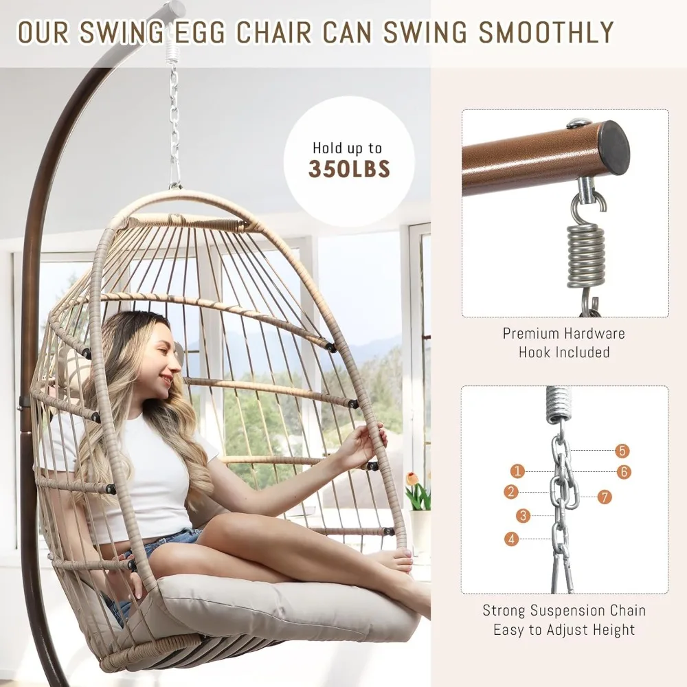 Foldable Wicker Rattan Hanging Egg Chair with Stand, Swing Chair with Cushion and Pillow, Lounging Chair for Indoor Outdoor