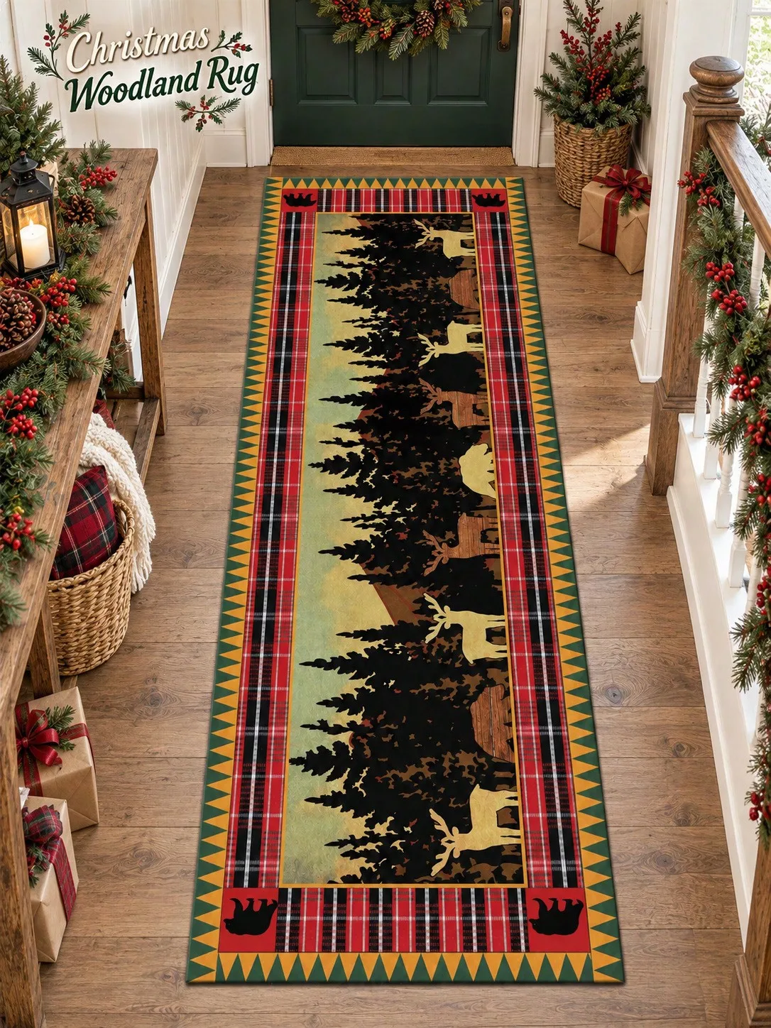 Christmas Aisle Runners Pine Forest Deer Woodland Border Long Carpet Hallway Entryway Kitchen Corridor Floor Mat Runner Rugs Living Area Bedroom Laundry Foyer Indoor Walkway Home Decor Gift Family Friends Birthday Anniversary Holiday Gathering