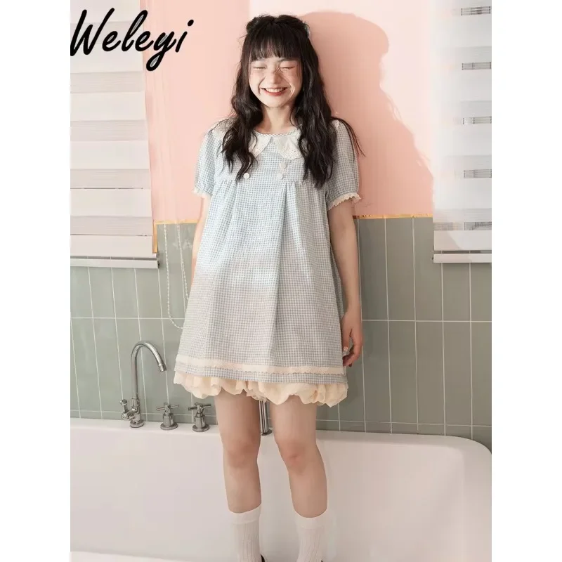 Cute Japanese Sweet Doll Collar Plaid Dress Female 2024 Summer New Kawaii Girl Loose Short Puff Sleeve Princess Short Dresses