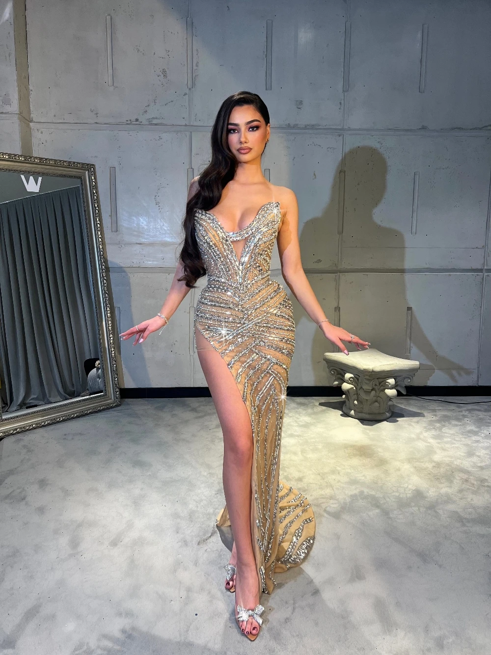 Shiny Crystal Beaded Mermaid Evening Dress Sexy High Slit Removable Feather Sleeves Prom Gown Customized Fashion Pageant Wear
