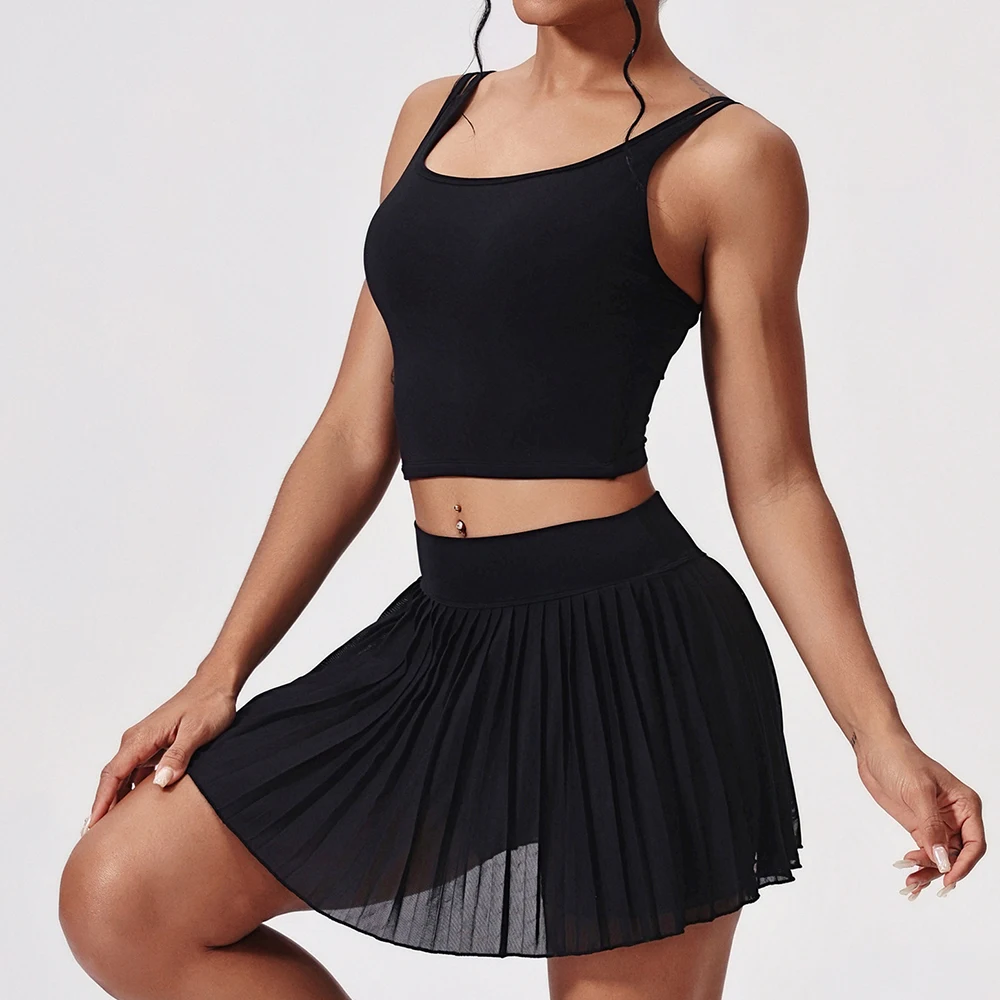 2 قطعة ملابس رياضية الصيف في الهواء الطلق الترفيه تنورة قصيرة اليوغا مجموعة النساء الصالة الرياضية الملابس تشغيل الرياضة اللياقة البدنية مجموعة تنفس ملابس رياضية لليوجا #3